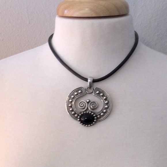 Chico’s Leather Necklace with Metal Pendant and Earring Set - Picture 1 of 16